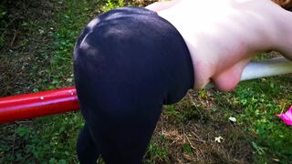 Sit on the barrier to slap your naked tits